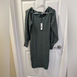 Tahari Ribbed Knit Puff Sleeve Scoop Neck Midi Dress M